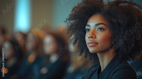 Black afro American businesswoman delivering a powerful keynote address at a conference standing on stage with confidence addressing a diverse audience with her insights in the business world