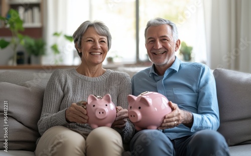 Smiling elderly couple sitting on a cozy sofa, holding piggy banks while enjoying a happy and secure retirement lifestyle.