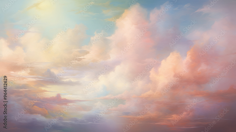 Obraz premium Ethereal Cloudscape Background. Beautiful skyscape with the sunlight. The sky is filled with fluffy clouds in shades of pink, purple, and blue. Tranquil and picturesque scene. Warm glow.