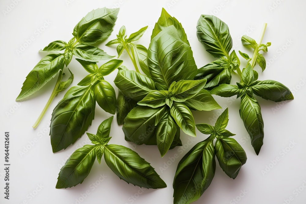 Fresh Basil Leaves Arrangement on Vibrant Background Fresh Basil Leaves Arrangement on Vibrant Background