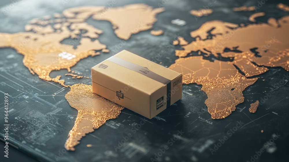 Fototapeta premium Product delivery optimization using technology, represented by a package on a global map, symbolizing efficiency improvements.