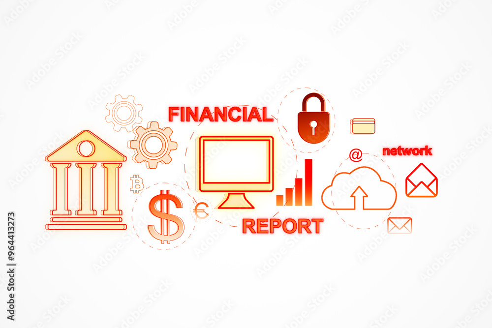 Fototapeta premium Financial and Cybersecurity Icons on White Background. 3D Rendering