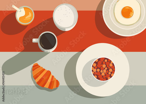 Poster theme breakfast table; a vector illustration minimalist design with an orange and gray color scheme.
