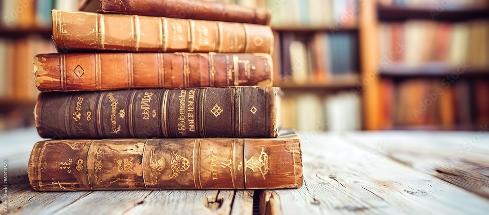 Stack of antique books on a wooden table in a library. The books are bound in leather and have aged and worn pages. Stack of antique books on a wooden table in a library. The books are bound in leather and have aged and worn pages.