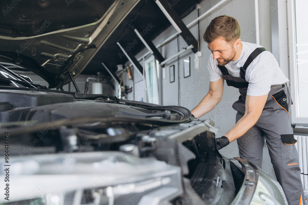 Auto Mechanic Replacing Car Headlight in Modern Repair Shop Garage Auto Mechanic Replacing Car Headlight in Modern Repair Shop Garage