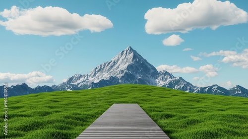 Plain mountain landscape, with a clear path leading up to the summit, 3D illustration photo