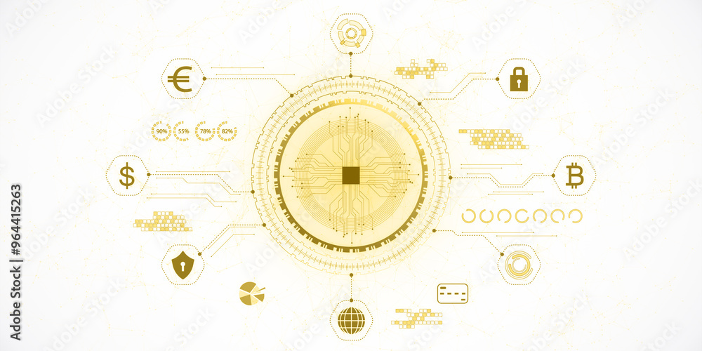 Naklejka premium Abstract digital representation of blockchain technology in yellow. 3D Rendering
