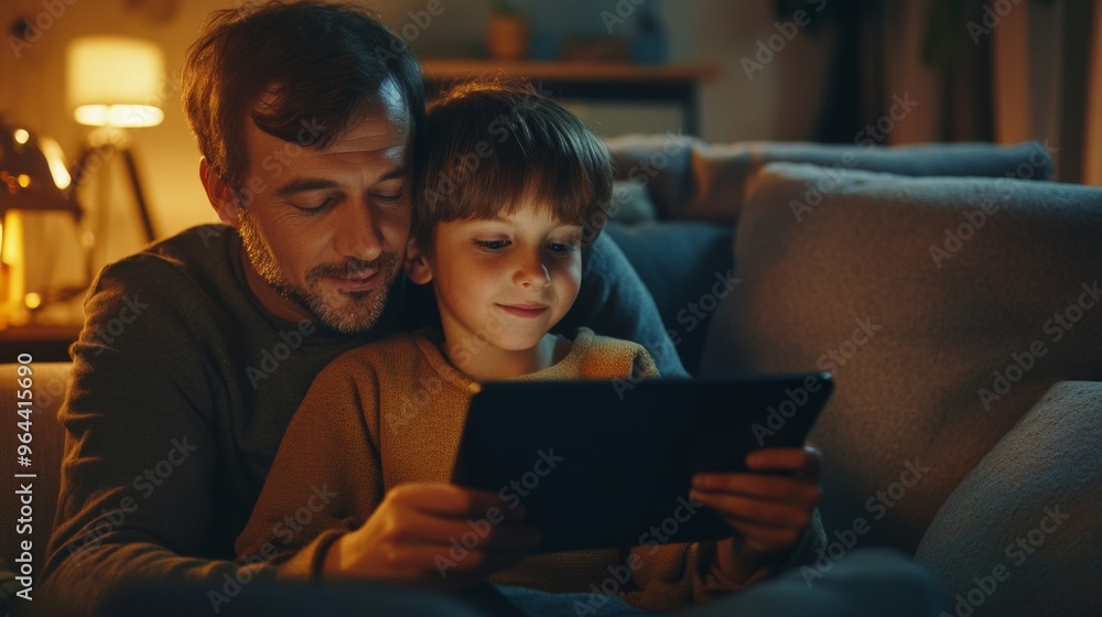 child and one parent using a tablet in their living room, during the day child and one parent using a tablet in their living room, during the day