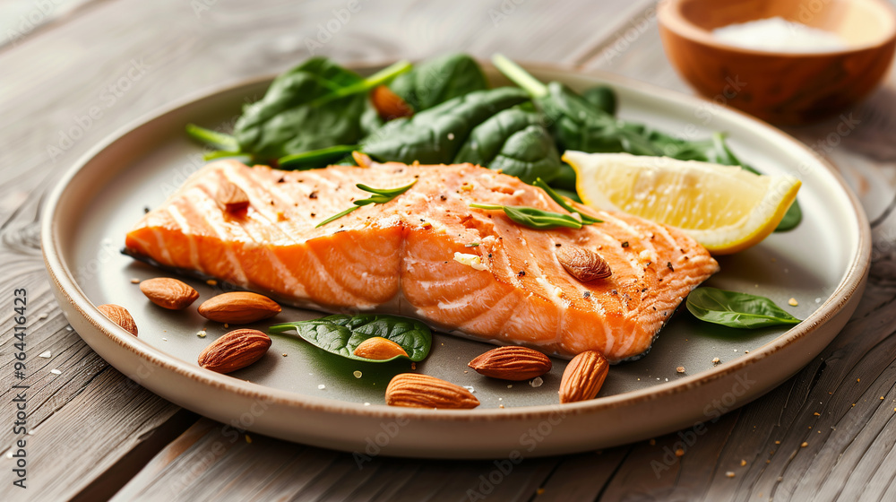 A plate of immune-boosting foods like salmon, almonds, spinach, and lemon wedges arranged neatly on a wooden table A plate of immune-boosting foods like salmon, almonds, spinach, and lemon wedges arranged neatly on a wooden table