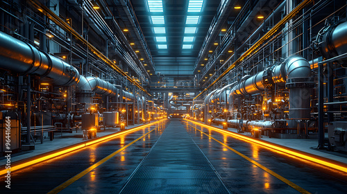 Industrial plant with silver pipes running along the ceiling