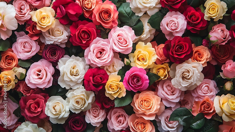 A Multicolored Bouquet of Roses with Green Leaves A Multicolored Bouquet of Roses with Green Leaves