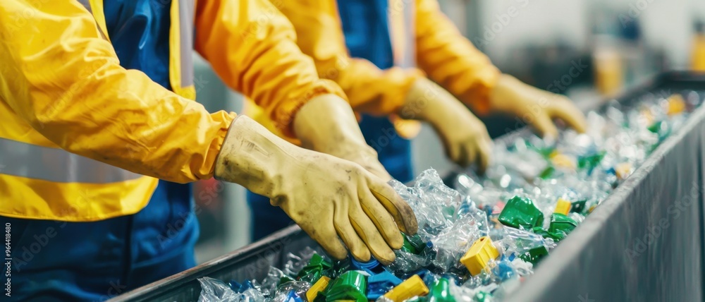 Obraz premium Workers sorting recyclable materials on a conveyor belt in a waste management facility, promoting sustainability and eco-friendly practices.
