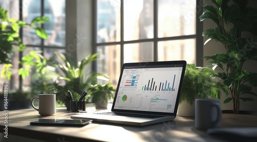 laptop displaying various charts and graphs, indicating data analysis or business metric in modern office