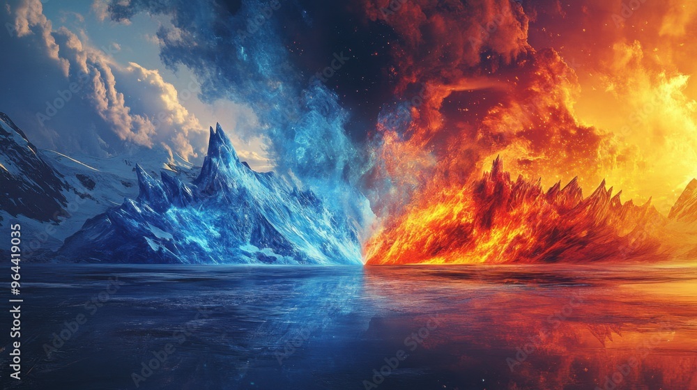 Fire and ice blend together in a dramatic scene, symbolizing the balance of extremes: hot and cold, peace and conflict, with space for messaging. Fire and ice blend together in a dramatic scene, symbolizing the balance of extremes: hot and cold, peace and conflict, with space for messaging.