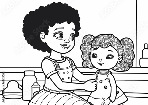 African American girl playing with a doll - black and white illustration