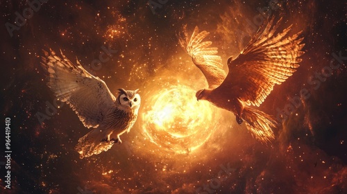 Two birds flying in front of a blazing sun in a fiery sky. photo