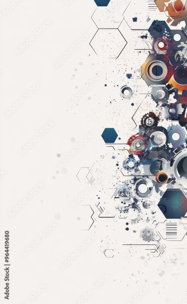 Obraz premium Abstract futuristic technology background with gears and hexagonal shapes on a light gray backdrop