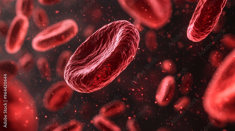 Fototapeta premium Detailed view of red blood cells floating against a dark background, representing medical science, biology, and human circulatory system.