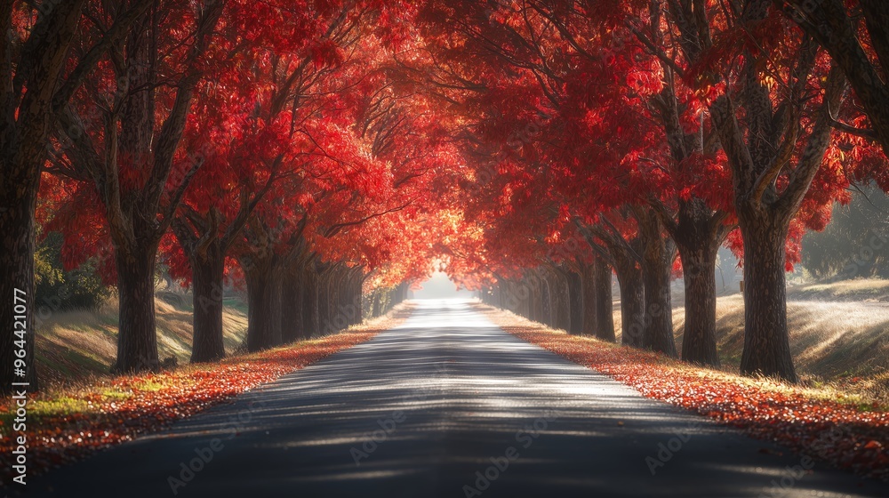 Obraz premium A peaceful road lined with trees covered in vibrant red autumn leaves, creating a tunnel of fall colors leading into the distance.