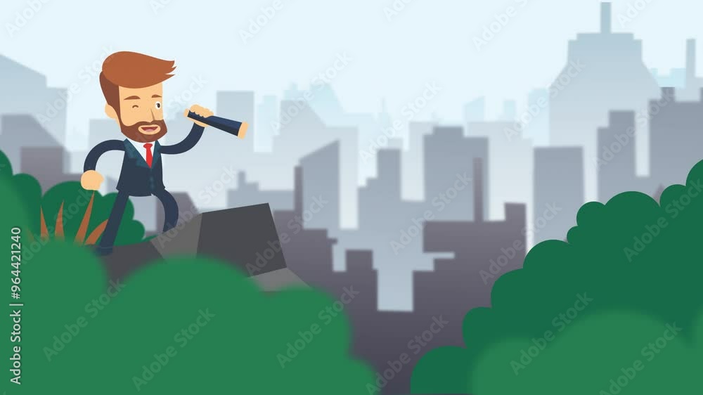 business opportunity animation, businessman standing on a hill looking out at the city silhouette business opportunity animation, businessman standing on a hill looking out at the city silhouette
