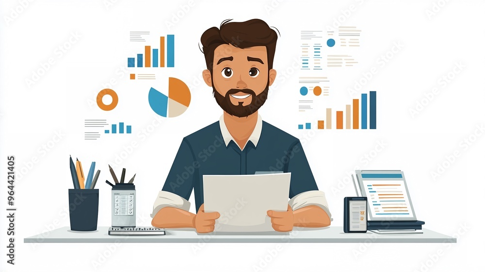 Businessman Working in Office with Charts and Graphics Analysis Businessman Working in Office with Charts and Graphics Analysis