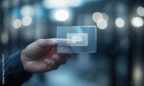 Futuristic transparent card held by a hand in a digital environment with abstract bokeh background. Ideal for technology, innovation, and digital identity concepts.