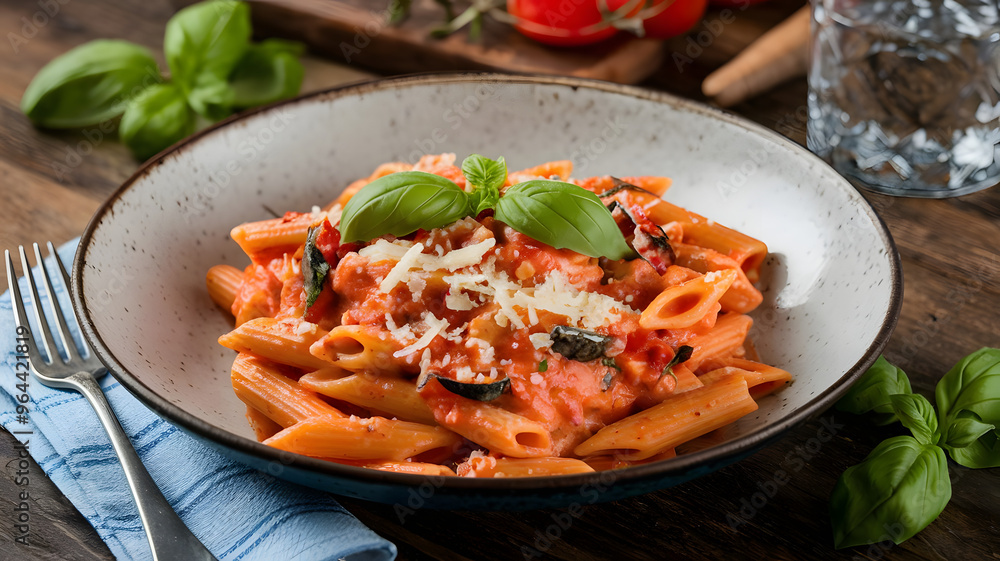 A plate of penne alla vodka with a creamy tomato sauce, topped with fresh basil and Parmesan cheese, served in a deep white bowl. A plate of penne alla vodka with a creamy tomato sauce, topped with fresh basil and Parmesan cheese, served in a deep white bowl.