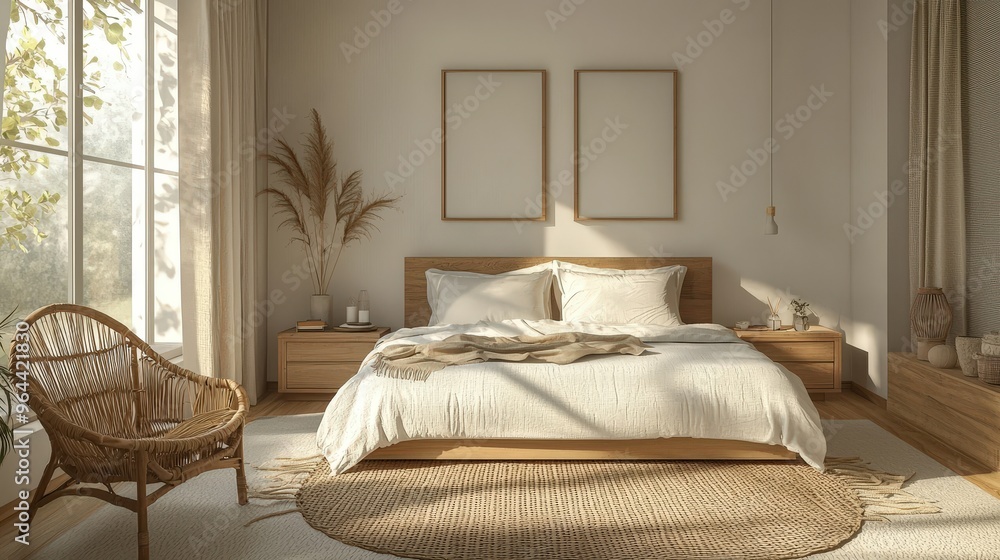 Fototapeta premium A serene bedroom features a comfortable bed adorned with soft linens, wooden furniture, a cozy chair, and large windows allowing daylight to stream in