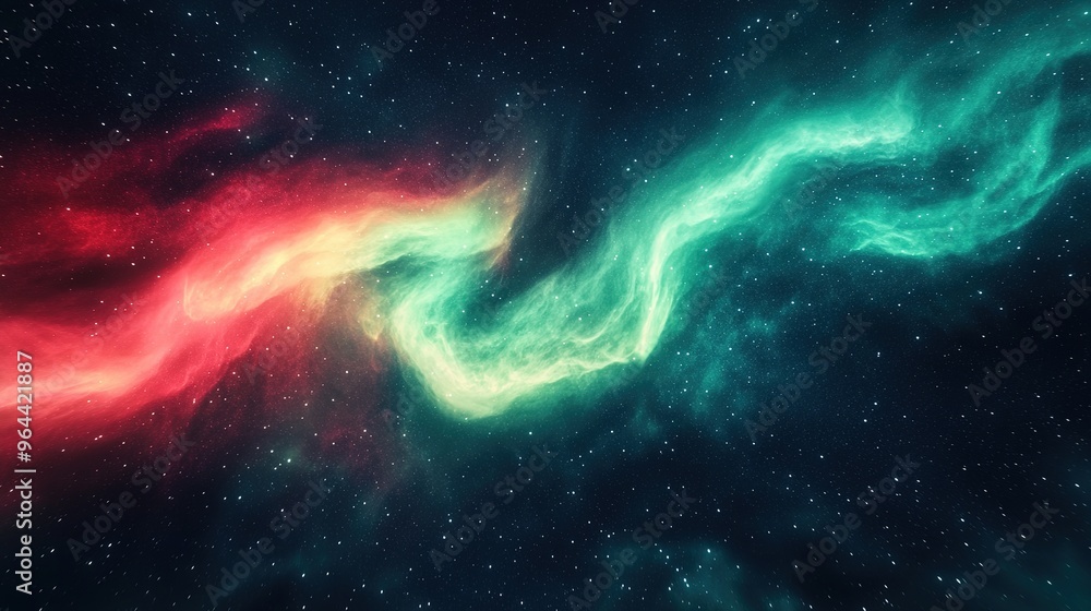 Majestic Northern Lights Displaying S-Shaped Aurora Borealis with Green and Red Glow over a Starry Night Sky. Cosmic and Celestial Phenomena. Majestic Northern Lights Displaying S-Shaped Aurora Borealis with Green and Red Glow over a Starry Night Sky. Cosmic and Celestial Phenomena.