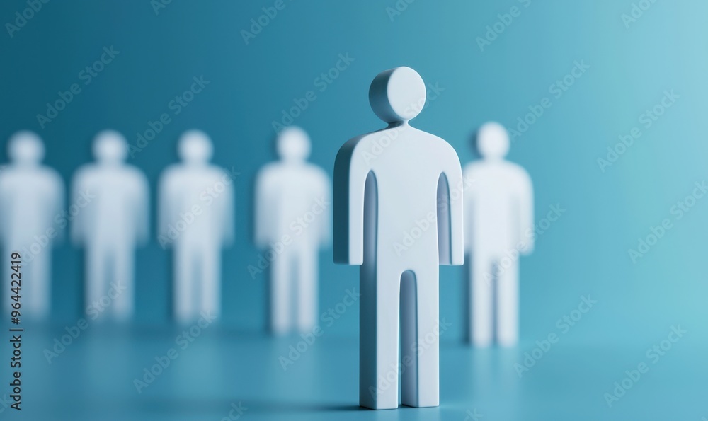 A minimalistic representation of a person standing out in a group, symbolizing leadership and individuality against a blue background. A minimalistic representation of a person standing out in a group, symbolizing leadership and individuality against a blue background.