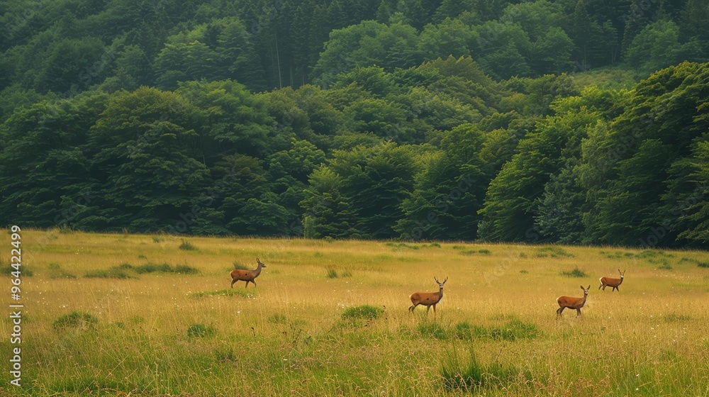 A herd of deer stands in a field with a green forest in the background. A herd of deer stands in a field with a green forest in the background.