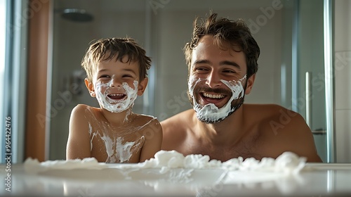 Cheerful father and son are shaving in the bathroom together. photo