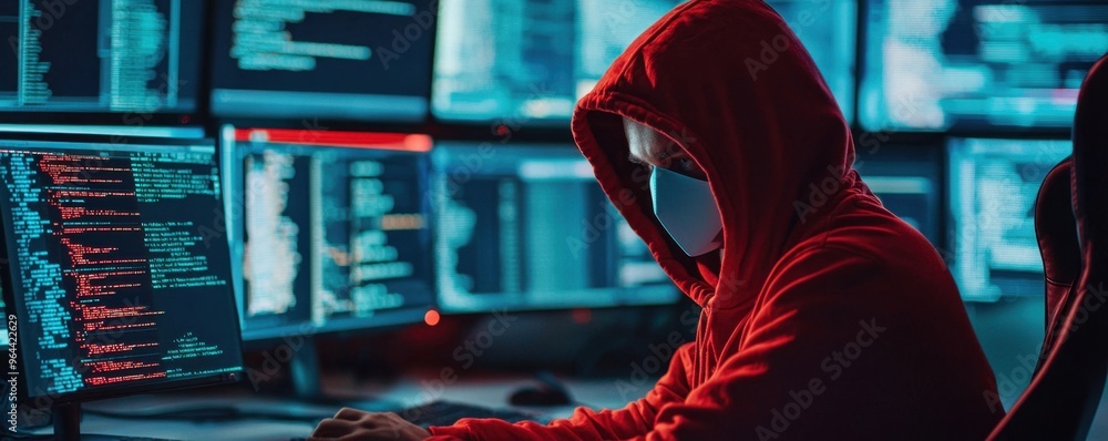 A focused hacker in a red hoodie works intently at multiple computer screens displaying code and data in a dark environment. A focused hacker in a red hoodie works intently at multiple computer screens displaying code and data in a dark environment.