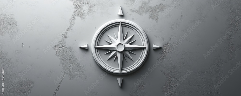 Obraz premium Minimalist compass rose on textured gray wall with north, south, east, west directions symbolizing navigation and exploration