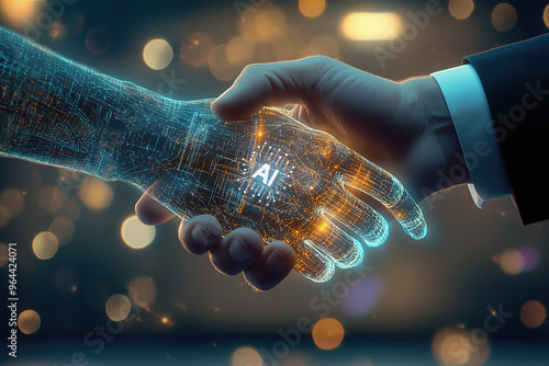 Businessman and robot shaking hands. Artificial intelligence robot agreement concept.