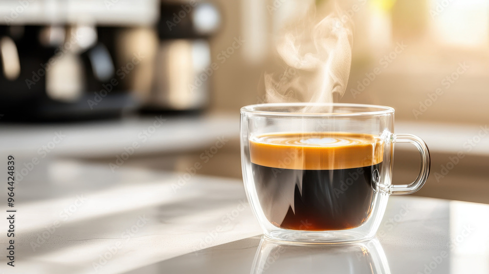 Steam rising from a freshly brewed cup of coffee in a modern kitchen with natural light highlighting the beverage's rich colors Steam rising from a freshly brewed cup of coffee in a modern kitchen with natural light highlighting the beverage's rich colors
