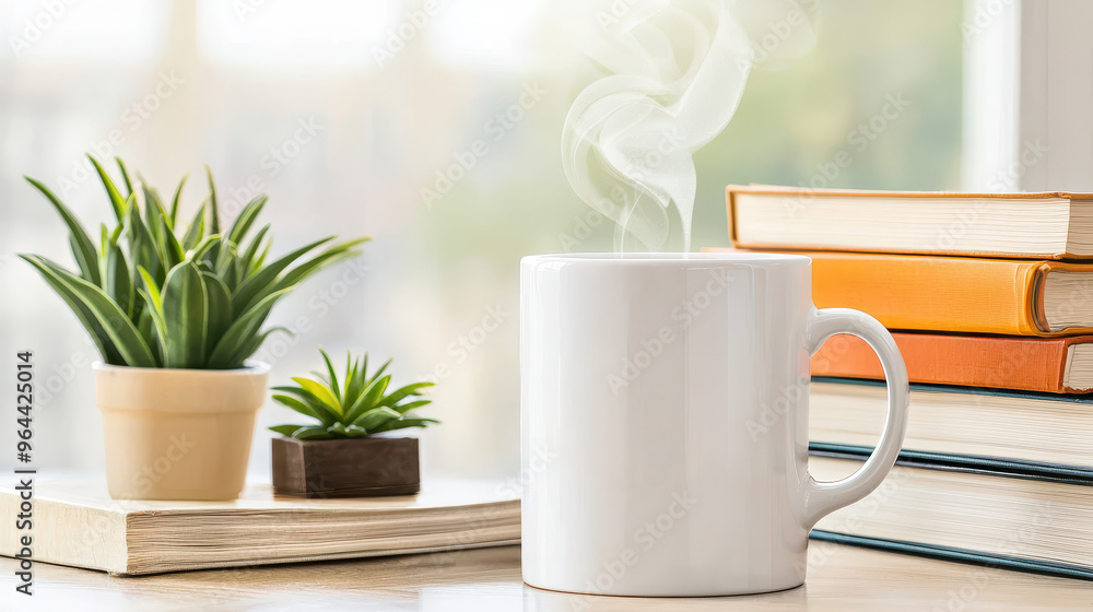 Steam rising from a white coffee mug beside small plants and stacked books on a wooden table with a blurred background Steam rising from a white coffee mug beside small plants and stacked books on a wooden table with a blurred background