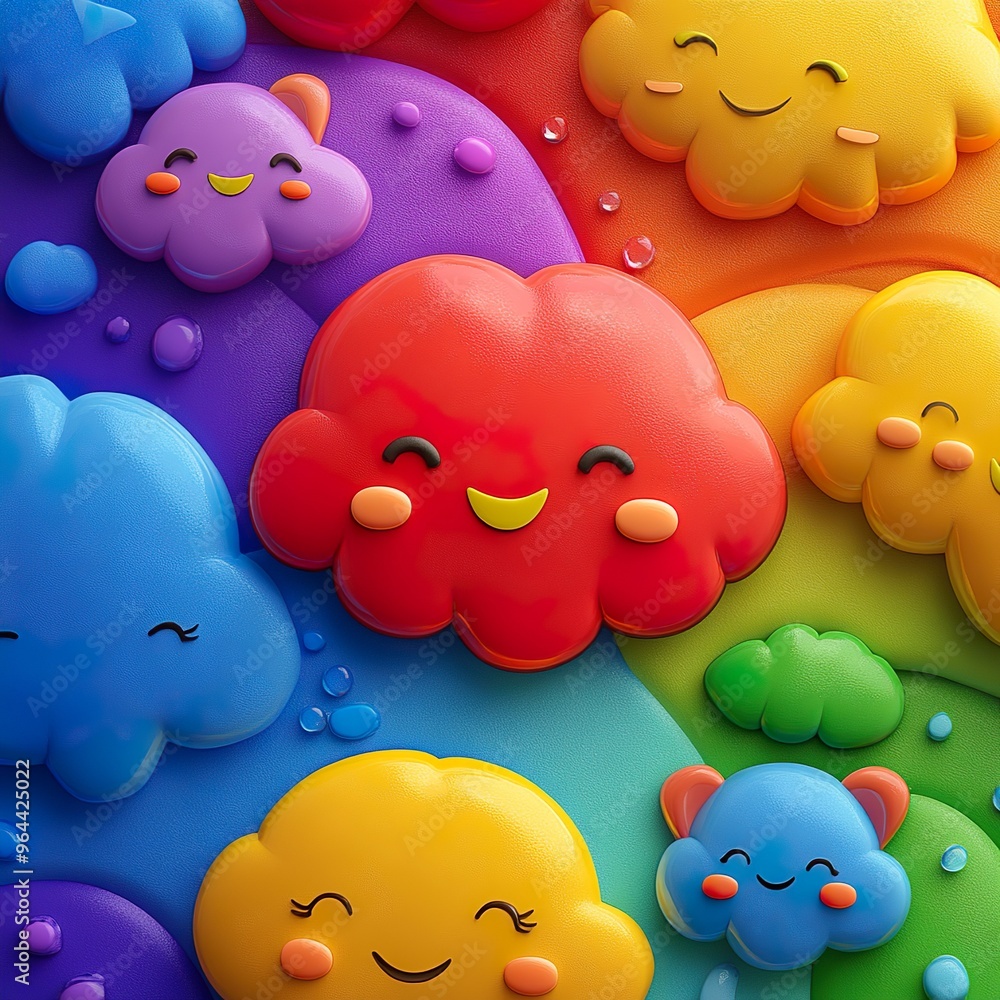 Charming clouds with cute faces and colorful rainbows for children's wallpaper Charming clouds with cute faces and colorful rainbows for children's wallpaper