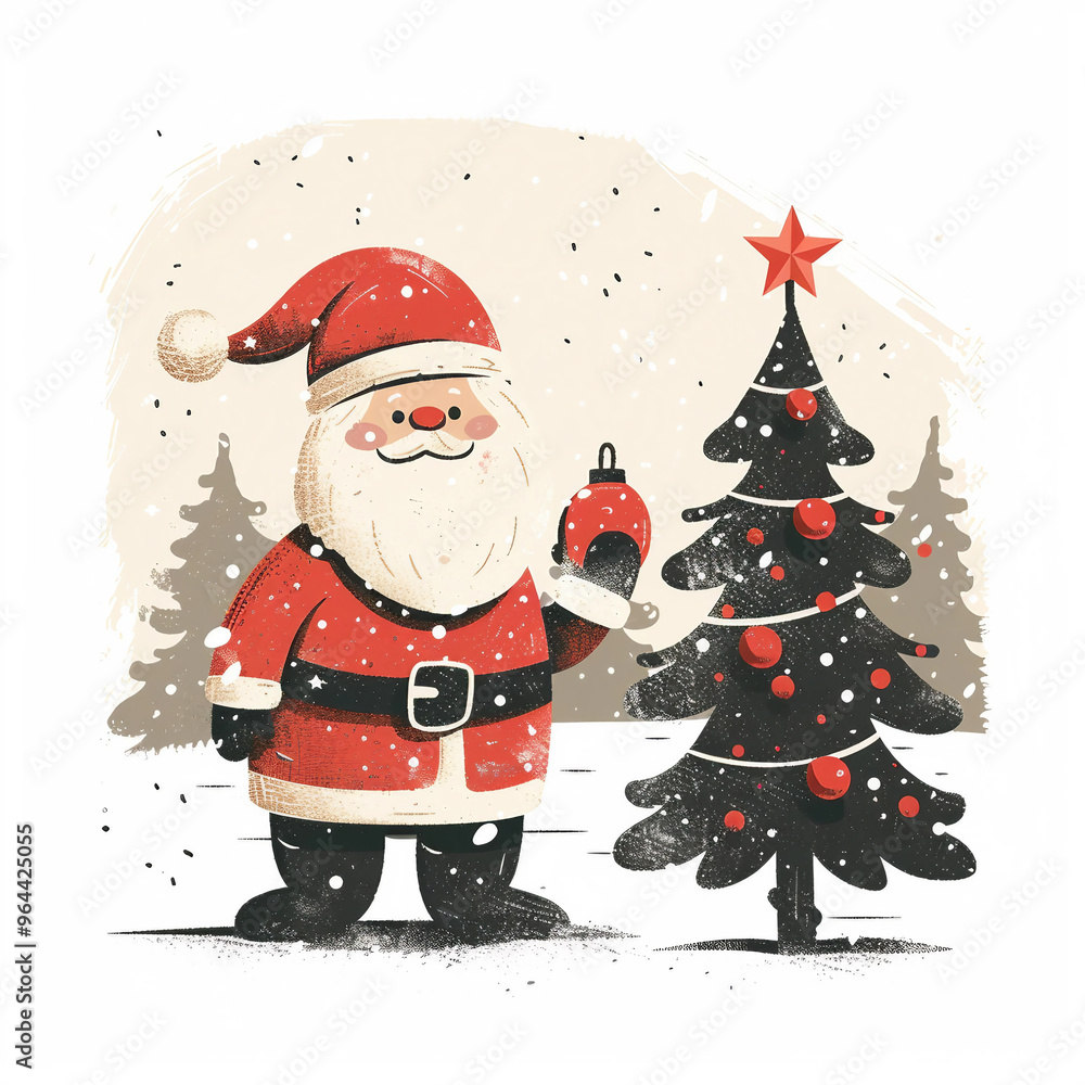 Fototapeta premium Title: Minimalist Woodcut Vector Illustration Featuring Santa Beside a Christmas TreeMinimalist Woodcut Vector Illustration Featuring Santa Beside a Christmas Tree