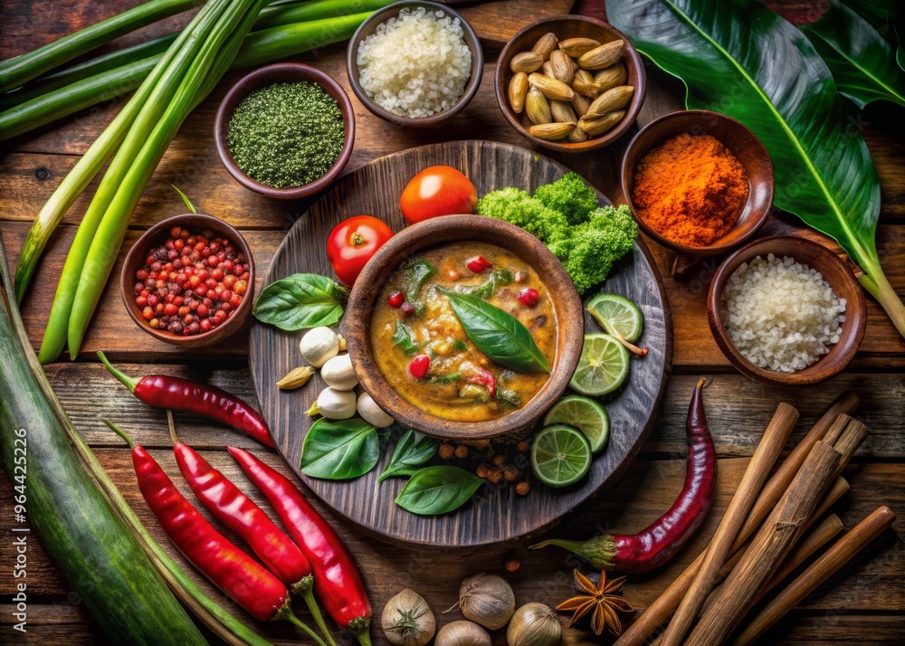 Gaeng Khai Mot Daeng Vegetarian, nestled among an assortment of colorful, exotic spices and fresh produce, on a vintage wooden shelf, against a warm, earthy background Gaeng Khai Mot Daeng Vegetarian, nestled among an assortment of colorful, exotic spices and fresh produce, on a vintage wooden shelf, against a warm, earthy background