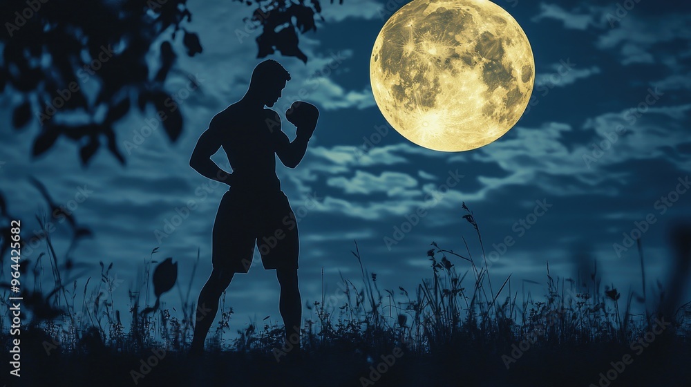 Boxer practicing under the full moon, their silhouette highlighted by moonlight, in a dramatic and inspiring night scene. Boxer practicing under the full moon, their silhouette highlighted by moonlight, in a dramatic and inspiring night scene.