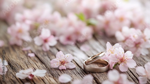 Beautiful wedding rings surrounded by soft pink cherry blossoms on a wooden background, representing a love-filled union.