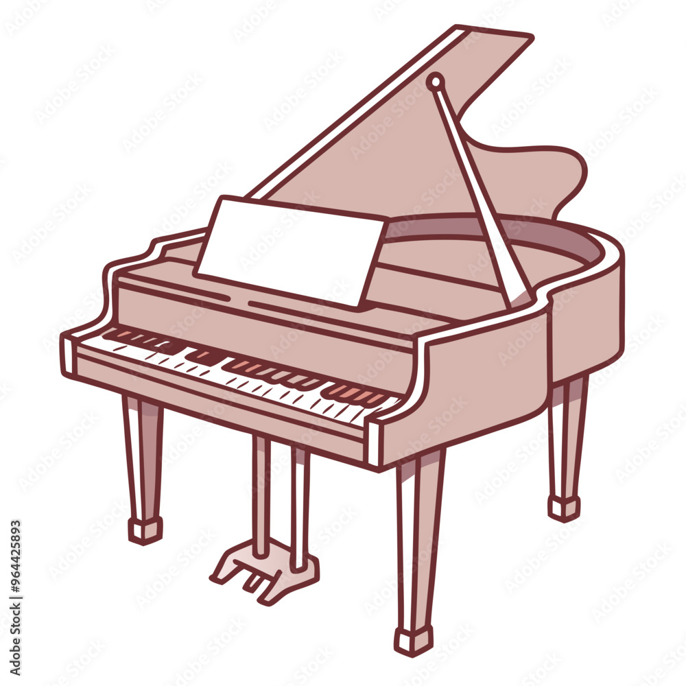 a simple, stylized illustration of a grand piano. It is depicted in a monochromatic brownish color. The piano has an open lid, exposing the strings inside, and a music stand with a blank sheet of musi