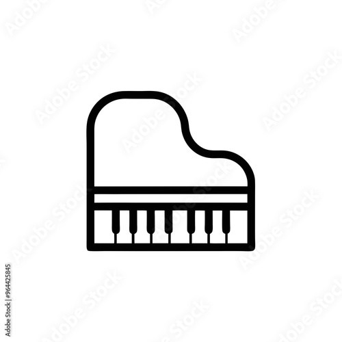 a simple black and white icon of a grand piano. The icon outlines the shape of a grand piano, including the curved top and the keyboard with black and white keys