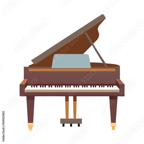 an illustration of a grand piano. It has a brown body with a raised lid, revealing the strings inside. The piano has a keyboard with black and white keys, and it stands on three legs