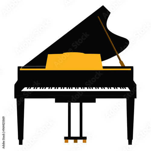 a simple illustration of a grand piano. The piano is depicted in black with a yellow interior, showing the strings and the soundboard. The keyboard is visible at the front, and the piano has three leg