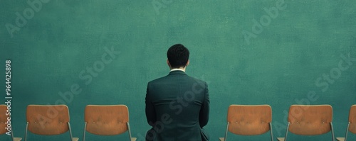 Person in a suit sitting alone on a row of empty chairs against a green wall, symbolizing unemployment, retraining, and support concept photo