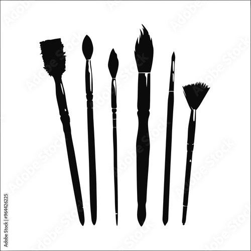 a silhouette of six different paintbrushes arranged in a row. Each brush has a distinct shape and size, indicating they are used for various painting techniques