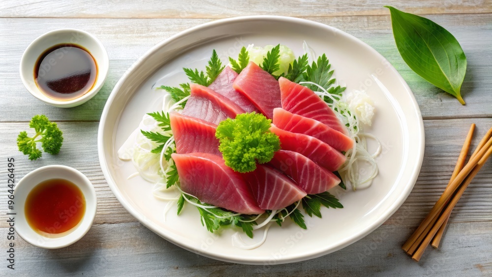 Overhead shot of bluefin tuna sashimi arranged artfully on a pristine white plate, garnished with thinly sliced daikon and shiso leaves Overhead shot of bluefin tuna sashimi arranged artfully on a pristine white plate, garnished with thinly sliced daikon and shiso leaves