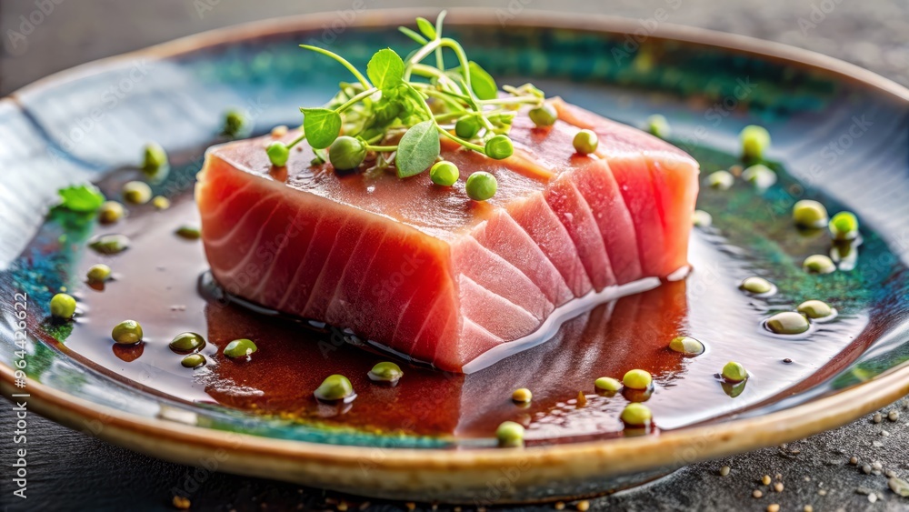 Intimate, close-up shot of a single slice of bluefin tuna sashimi, glistening with freshness, placed on a delicate, hand-painted ceramic plate Intimate, close-up shot of a single slice of bluefin tuna sashimi, glistening with freshness, placed on a delicate, hand-painted ceramic plate